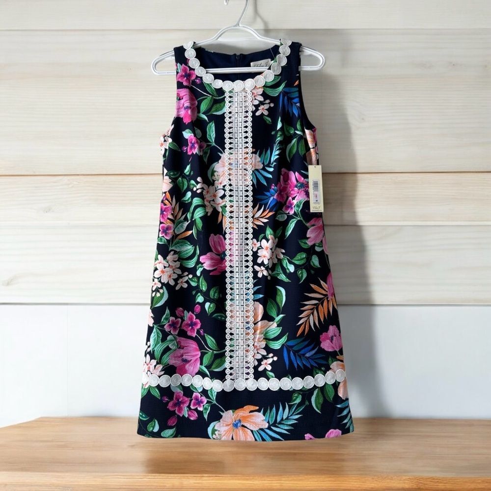 Eliza J Floral Lace Trim Shift Dress In Blue Multi Sz 8 Summer Vacation Light